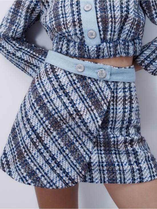 Zara Dresses & Skirts - Zara Tweed High Rise Blue Plaid Miniskirt